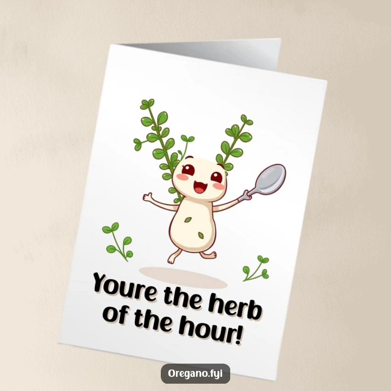 Funny Free Printable Congratulations Card: A kawaii oregano sprig happily dances with a miniature spoon, cheering for your success.
