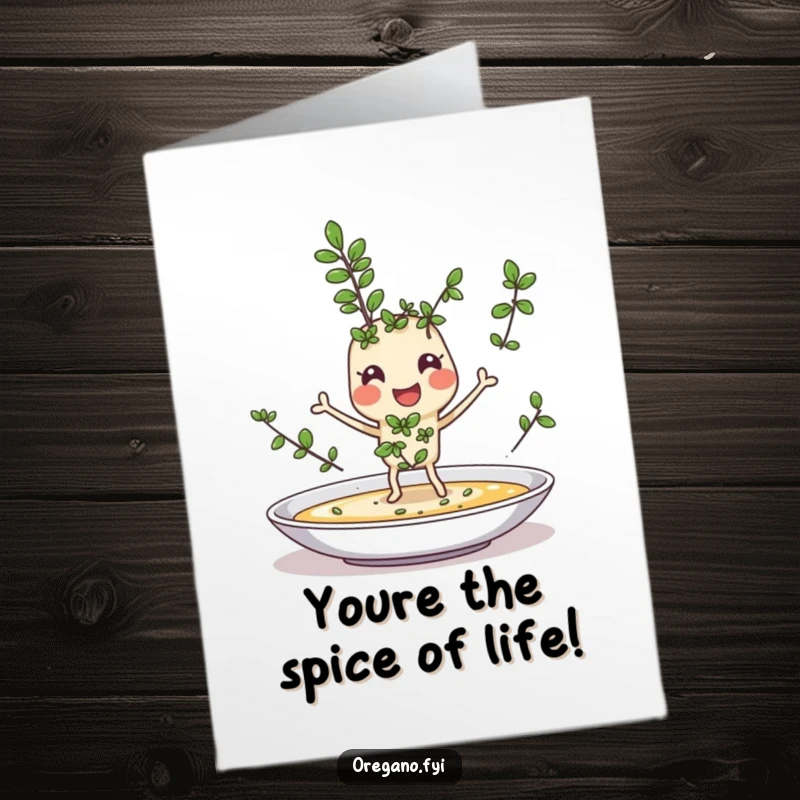 Funny Free Printable Congrats Card: Joyful oregano character joyfully sprinkling itself onto a dish, a downloadable celebratory herb.