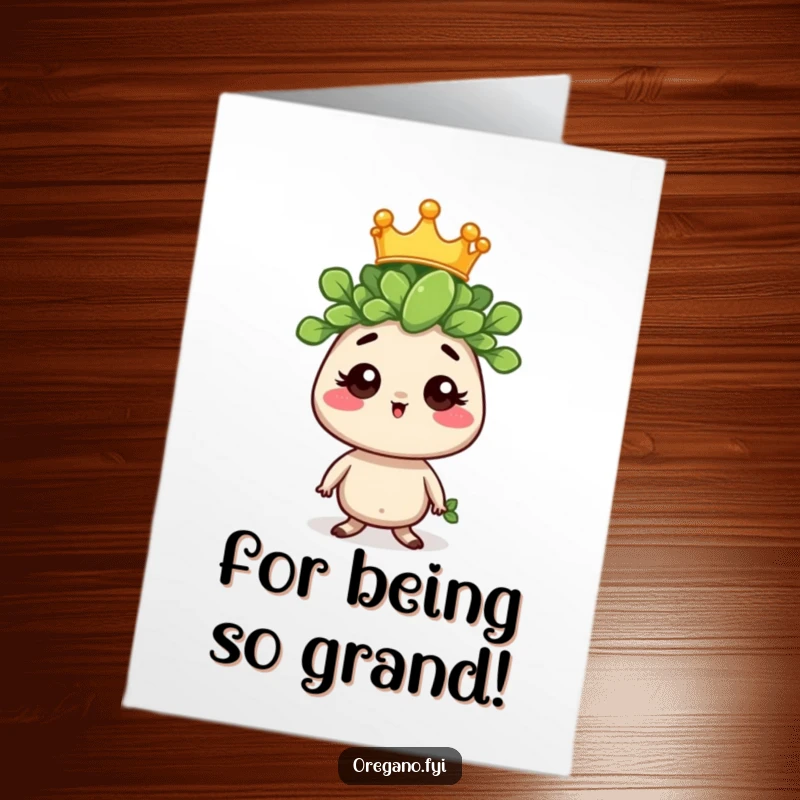 Funny free printable thank you card featuring a crowned oregano sprig exuding a humorous, regal air of gratitude.