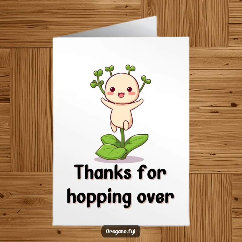 Funny Free Printable Thank You Card of a kawaii oregano enthusiastically hopping on a single leaf, conveying cheerful thanks.
