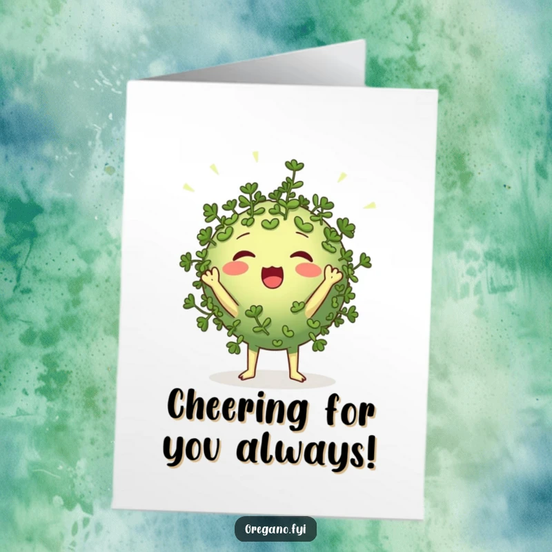 Funny Free Printable Thank You Card featuring a round oregano character cheering loudly with tiny leaf pom-poms to show thanks.