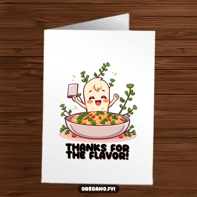 Funny Free Printable Thank You Card: A smiling oregano character enthusiastically adding flavor to a giant dish to say thanks.