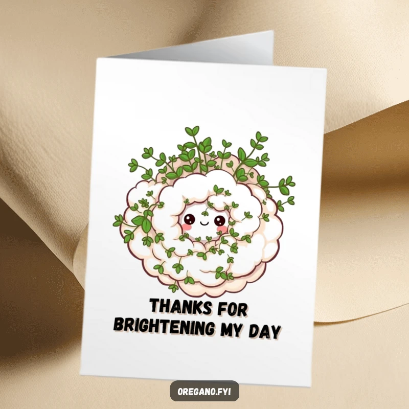 Funny Free Printable Thank You Card featuring a swirling cloud of oregano with small, happy eyes, a humorous herb thank you.