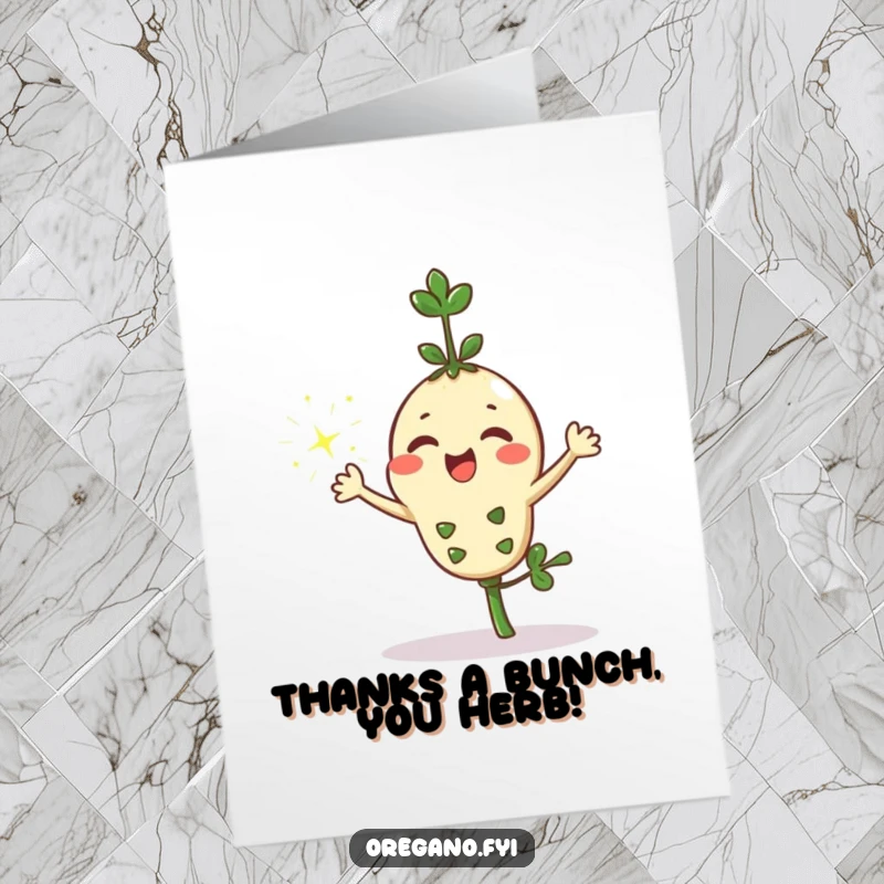 Funny Free Printable Thank You Card: Sweet Kawaii oregano sprig casting a shower of thank you sparkles.