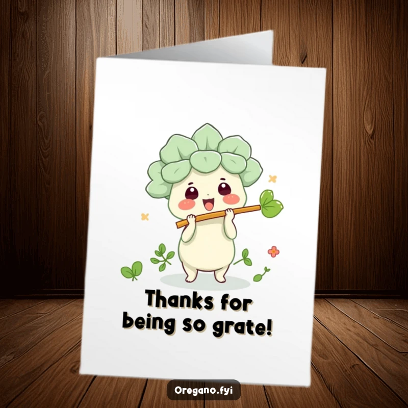 Funny Free Printable Thank You Card: Kawaii oregano character playing a leaf flute, sending musical notes of thanks with a smile.