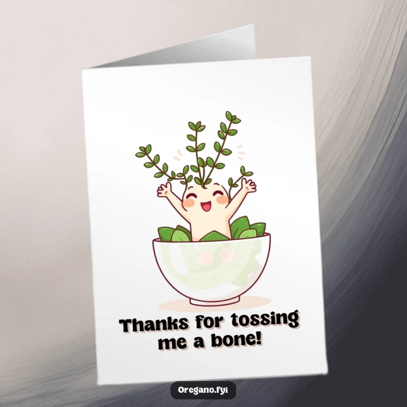 Funny Free Printable Thank You Card: Kawaii oregano sprig joyfully leaping into a tiny salad bowl, expressing thanks.
