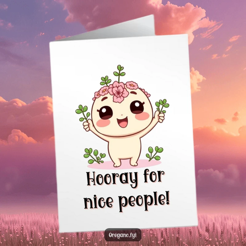 Funny Free Printable Thank You Card: Joyful Kawaii oregano sprig cheering with its leaves held high.
