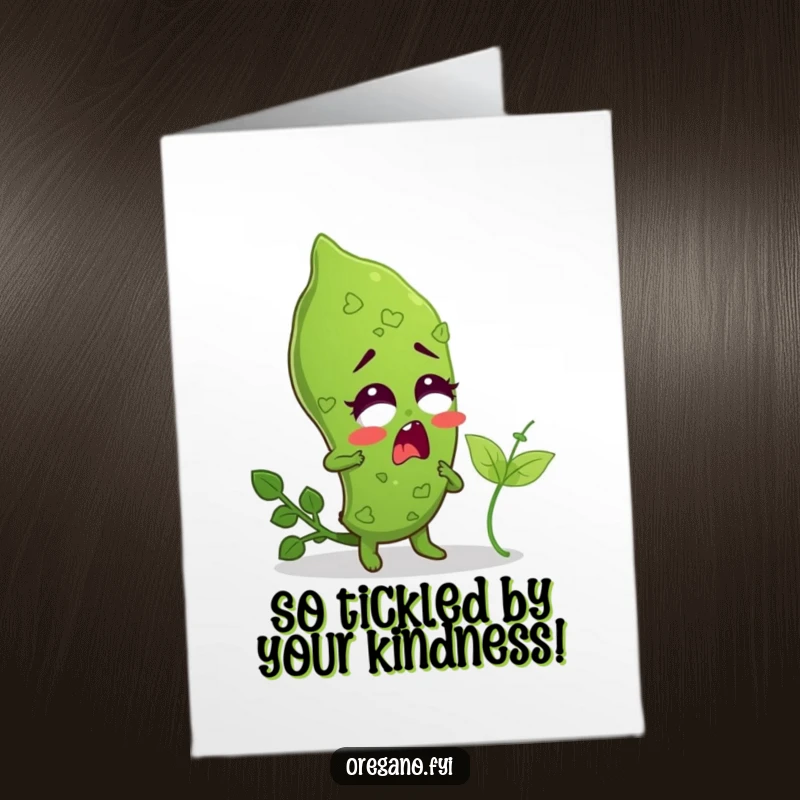 Funny Free Printable Thank You Card: An oregano leaf looking surprised and amused while being tickled by a tiny basil leaf.