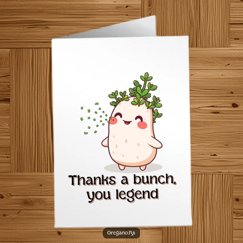Funny Free Printable Thank You Card depicting a cheerful oregano scattering tiny confetti, a delightful surprise.