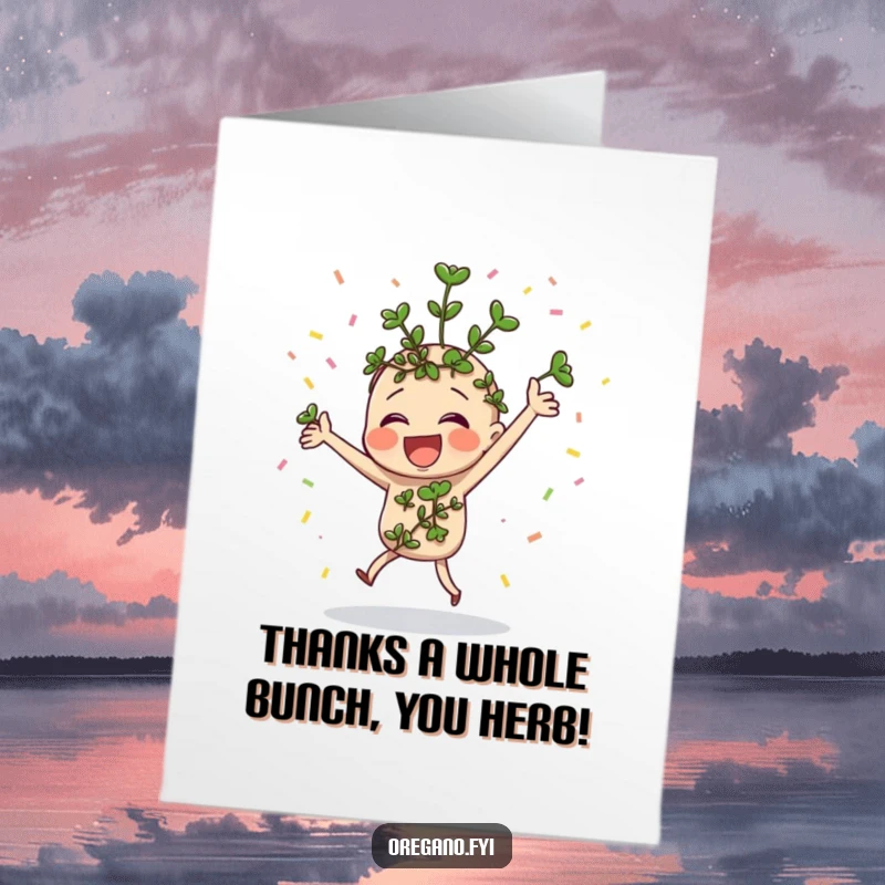 Festive Free Printable Thank You Card: Happy oregano character dancing merrily, with confetti raining down all around.