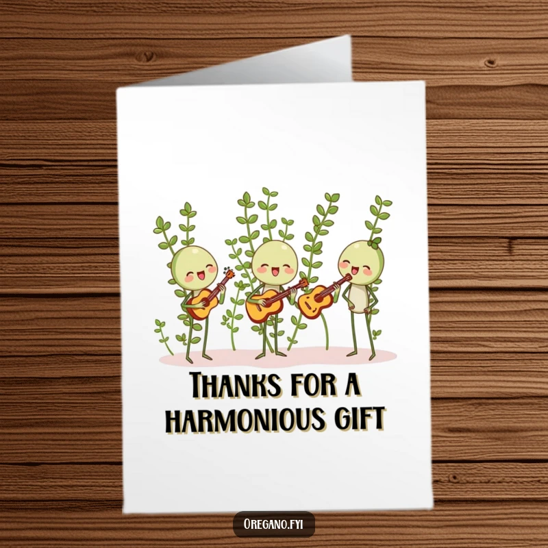 Funny Free Printable Thank You Card: Oregano sprigs happily harmonizing with tiny leaf-shaped instruments, a downloadable musical thanks.