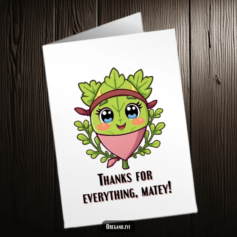 Funny Free Printable Thank You Card: A happy oregano leaf pirate wearing a bandana, offering sincere thanks.