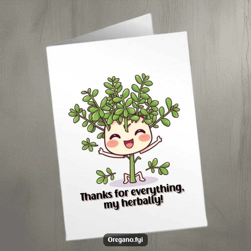 Funny Free Printable thank you card: a cheerful oregano sprig character wiggles its leaves happily, a fun way to convey sincere thanks.