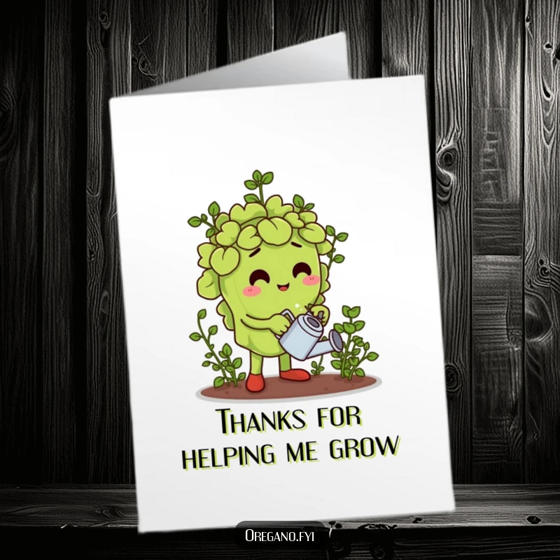 Funny Free Printable Thank You Card: An oregano leaf character waters a miniature herb garden with a tiny watering can, a downloadable gift.
