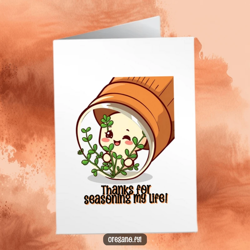 Funny Free Printable Thank You Card: Oregano character with satisfied expression, peeking from a spice jar. Grateful and flavorful.
