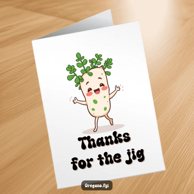 Funny Free Printable Thank You Card: Kawaii oregano sprig does a funny jig, leaves flailing happily.