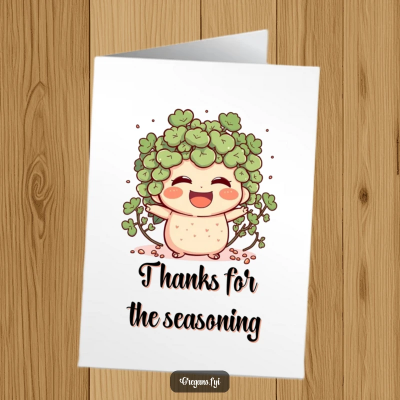 Free Printable Thank You Card: An oregano character laughs heartily, dispersing small, sparkling specks with mirth.