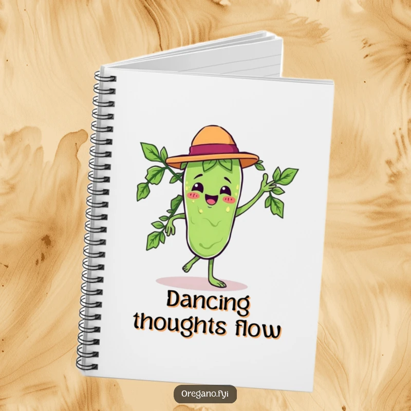 Funny notebook with a Kawaii oregano leaf character dancing salsa, perfect for creative and humorous notes.