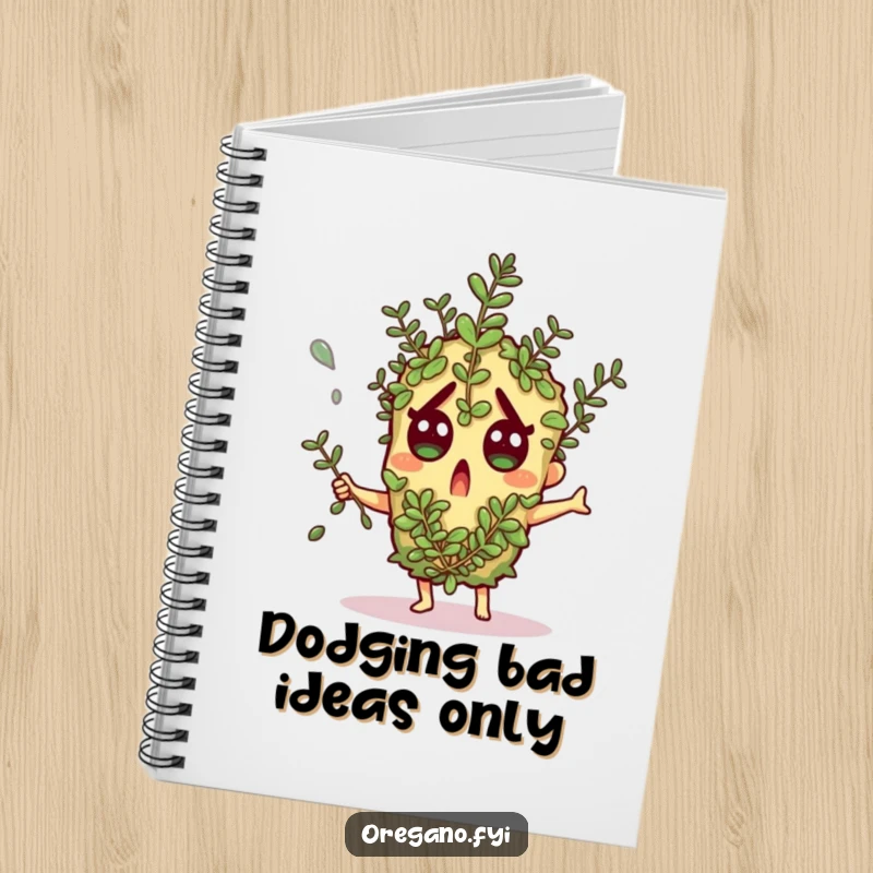 Funny notebook: An oregano character gasps comically while dodging a falling herb sprig, ideal for jotting notes.
