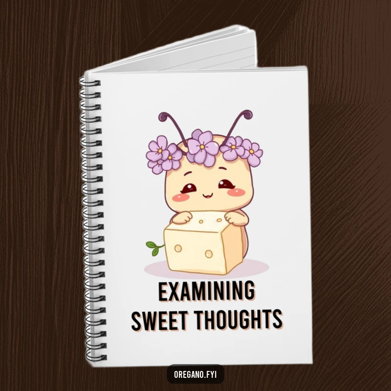Funny notebook cover featuring a smiling oregano herb with tiny antennae, curiously inspecting a sugar cube, perfect for capturing ideas.