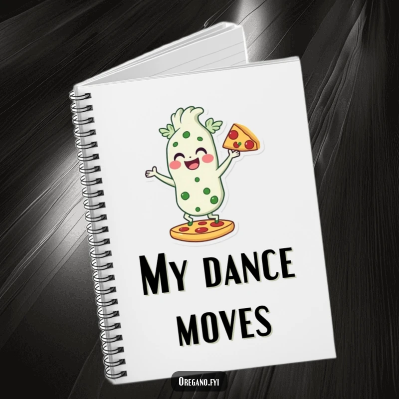 Funny notebook with an oregano character dancing on a pizza slice, perfect for pizza lovers' notes and doodles.