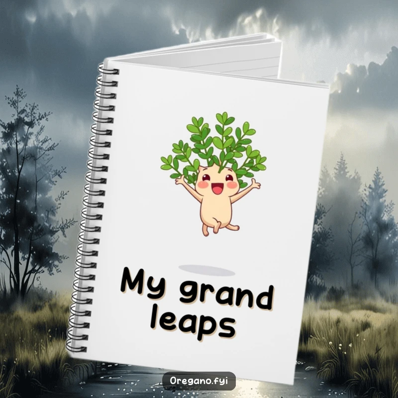 Funny notebook with a cheerful oregano sprig mid-jump, perfect for capturing joyful thoughts and creative ideas.
