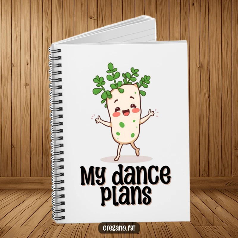 Funny Kawaii oregano sprig character doing a silly jig with its leaves, lined notebook with lively and humorous theme, perfect for writing.