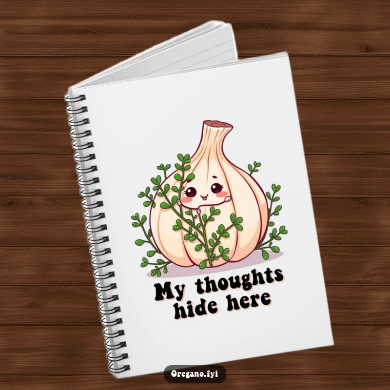 Funny kawaii oregano sprig character playing peek-a-boo from behind a large garlic clove on a notebook cover, encouraging fun notes.