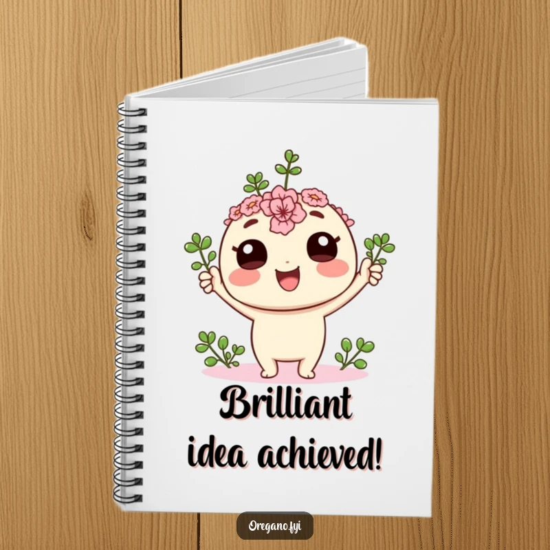 Funny kawaii oregano sprig character cheering with its tiny leaves held high on a notebook cover, encouraging success.