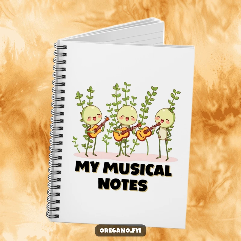 Funny notebook with oregano sprigs happily harmonizing with leaf-shaped instruments, perfect for music notes and lyrics.