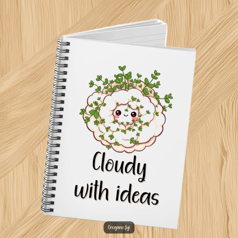 Funny notebook cover featuring a swirling oregano cloud with small, happy eyes, perfect for notes and creative thinking.