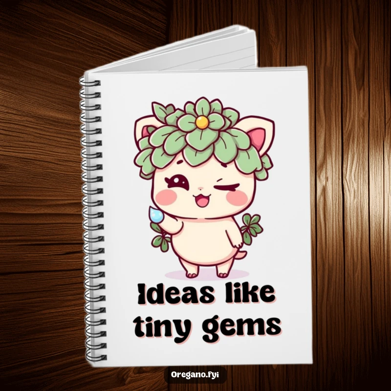 Funny notebook featuring a mischievous oregano character winking and offering a sparkling dewdrop, a charming and humorous stationery item.