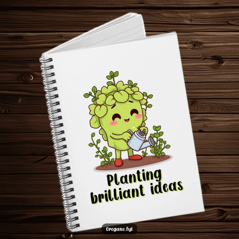 Funny notebook featuring an oregano leaf character watering a miniature herb garden, ideal for garden journaling.