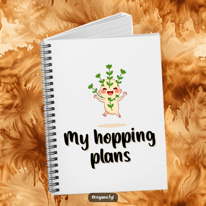 Funny notebook cover featuring a joyful oregano sprig in mid-hop, perfect for jotting down inspiration and ideas.
