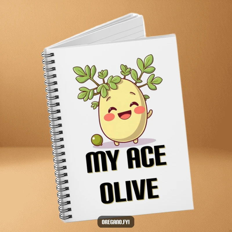 Funny oregano character with a wide smile watches a tiny olive roll by, a cute notebook for ideas.