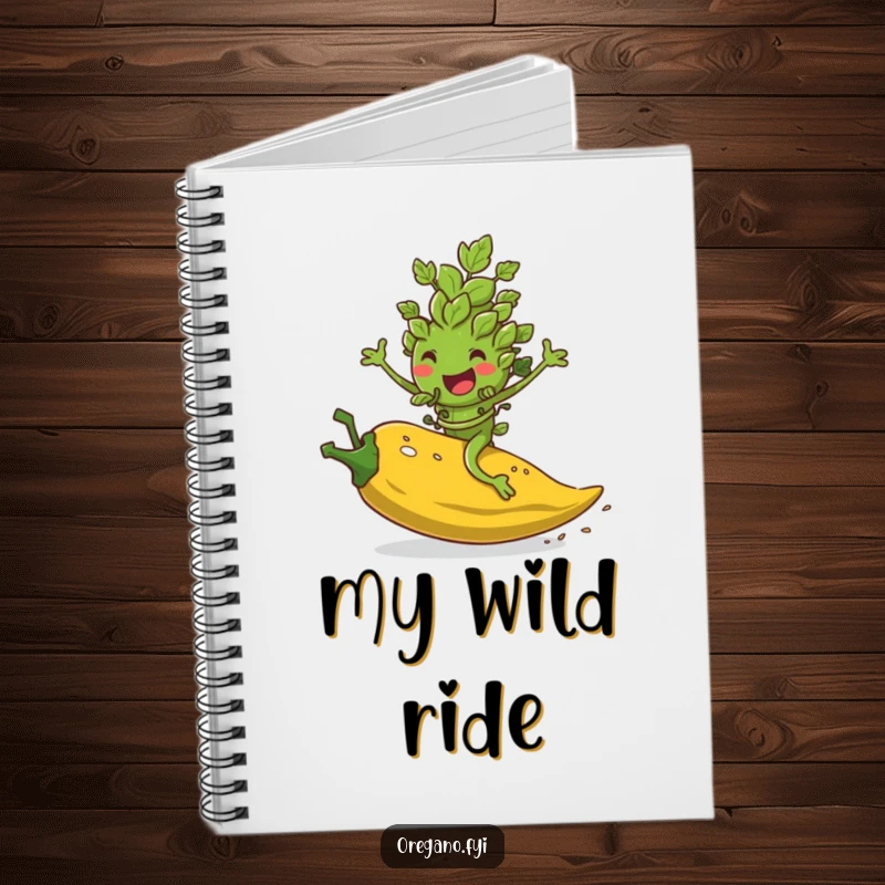 Funny notebook featuring an oregano leaf character riding a rolling pepper flake, ideal for jotting down spicy ideas.