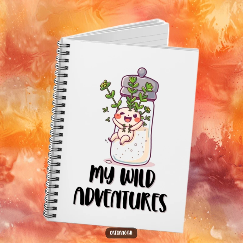 Funny oregano sprig sliding down a salt shaker on a notebook, perfect for jotting down adventures and creative ideas.