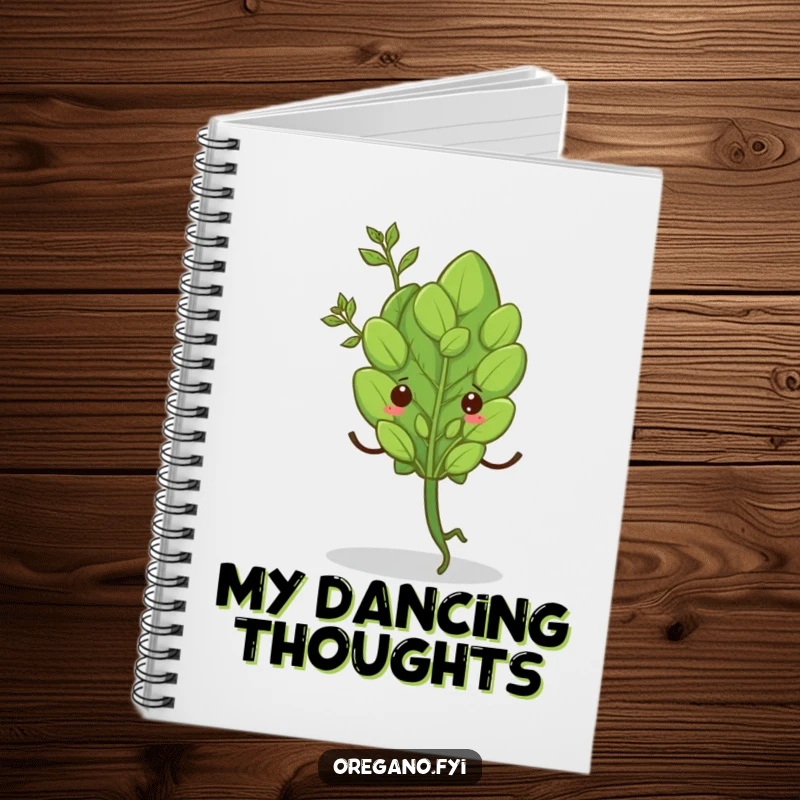 Funny notebook cover with a single oregano leaf doing a lively shimmy, perfect for jotting down notes and ideas.