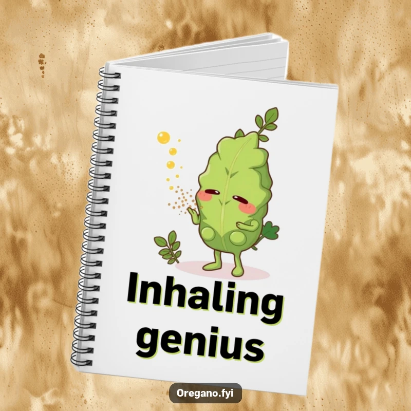Funny notebook with a sneezing oregano leaf character emitting aromatic herb dust, ideal for jotting down notes with a smile.