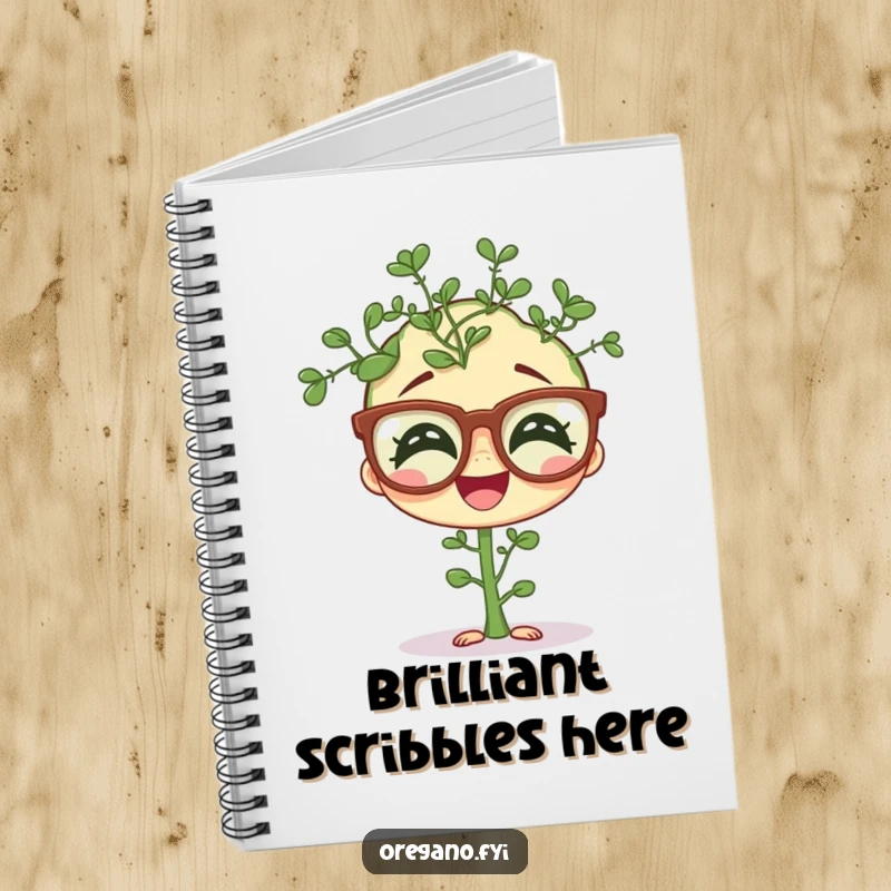 Funny notebook featuring a giggling oregano sprig wearing comical oversized spectacles, a charming and humorous stationery item.