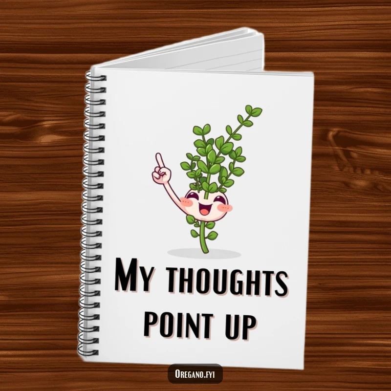 Funny smiling oregano sprig notebook pointing upwards with a tiny leaf, ideal for notes and sketches, a humorous item for creatives.