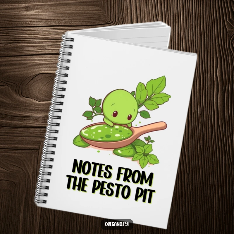 Funny notebook cover: An oregano leaf character curiously explores a giant spoonful of pesto, inspiring humorous thoughts and creative writing.