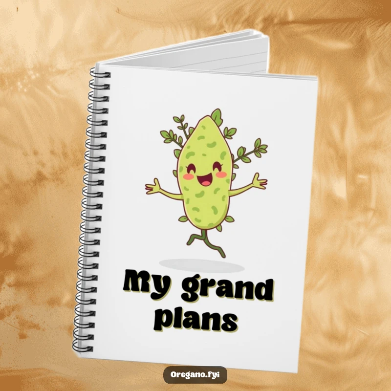 Funny notebook with an oregano leaf character doing a happy pirouette with a flourish.