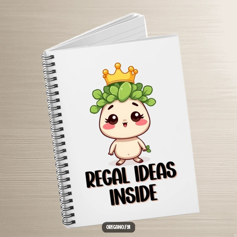 Funny notebook featuring a regal oregano sprig character wearing a tiny crown, ideal for jotting down ideas with a touch of humorous majesty.