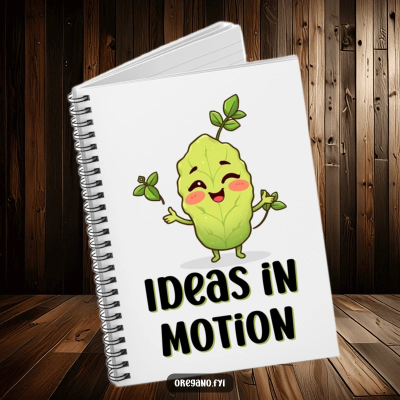 Funny notebook with a winking oregano leaf character juggling three basil leaves, ready for notes.
