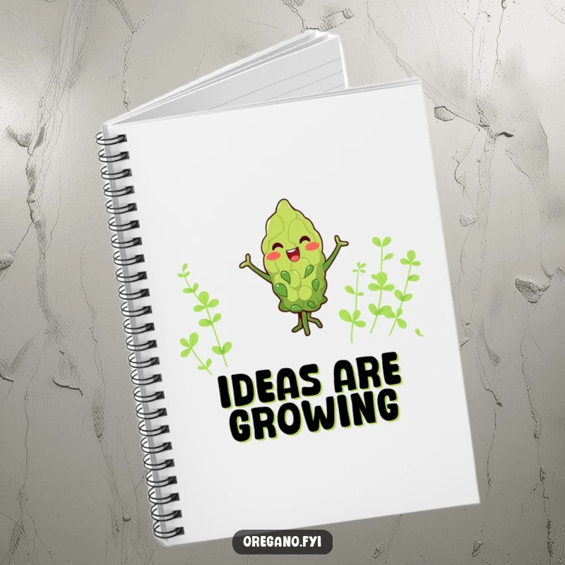 Funny kawaii oregano leaf notebook, joyfully dancing with tiny arms, perfect for notes and sketches, a humorous item for creatives.