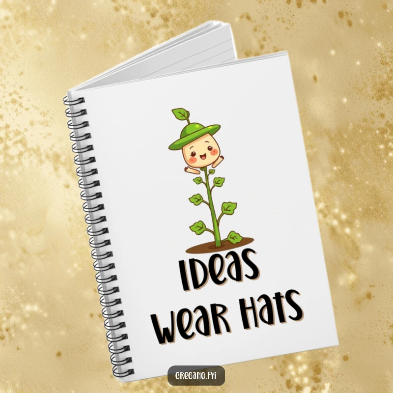 Funny notebook cover featuring a cheerful oregano herb with a tiny leaf hat balanced on its stem, perfect for note-taking.