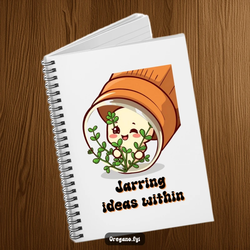Funny notebook: A satisfied oregano character peeks from a spice jar, perfect for jotting ideas.