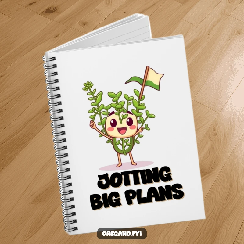 Funny notebook with a tiny oregano sprig character enthusiastically waving a miniature flag, ideal for inspired note-taking.