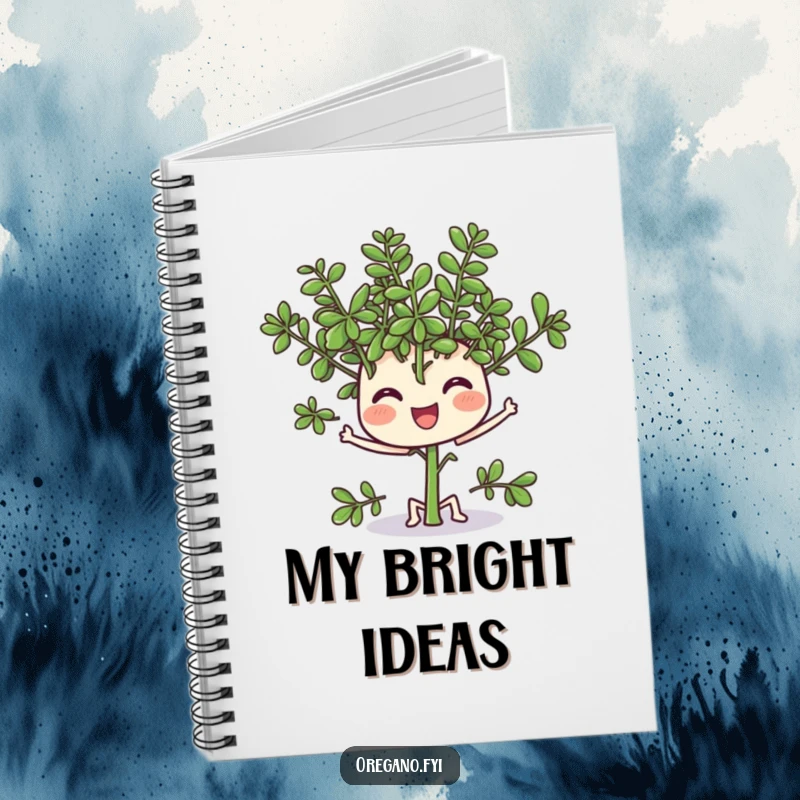 Funny notebook with a happy oregano sprig wiggling its leaves, perfect for taking notes with herbaceous charm.